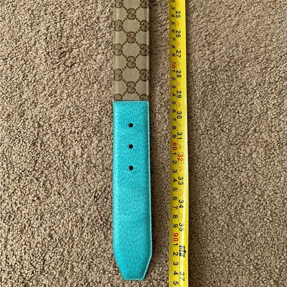 Authentic GUCCI women’s bamboo buckle blue leather and GG canvas belt - Picture 7 of 8